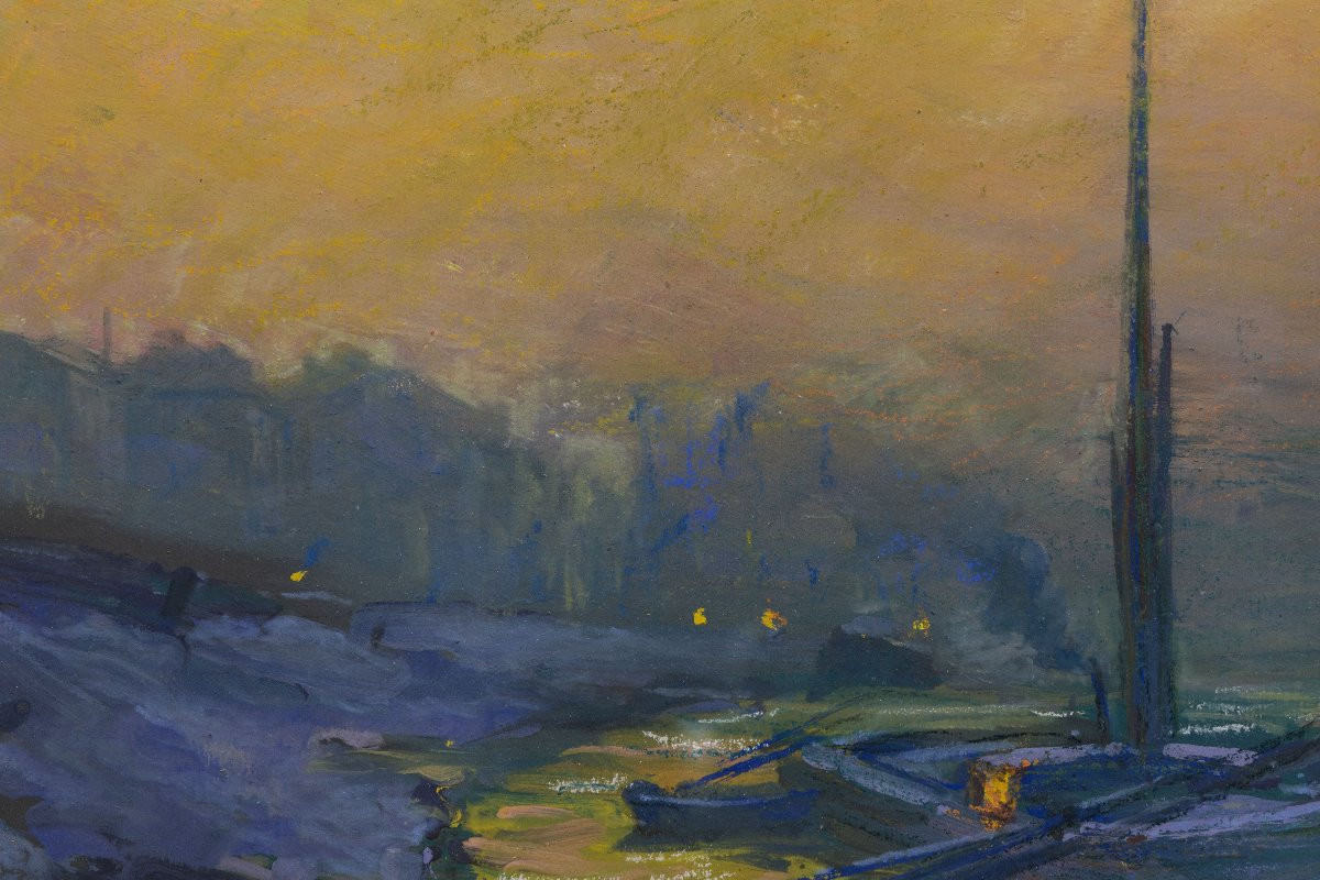 Claude Honoré Hugrel – The Barges (winter Evening) – Tempera And Pastel – Signed And Dated 1918-photo-4