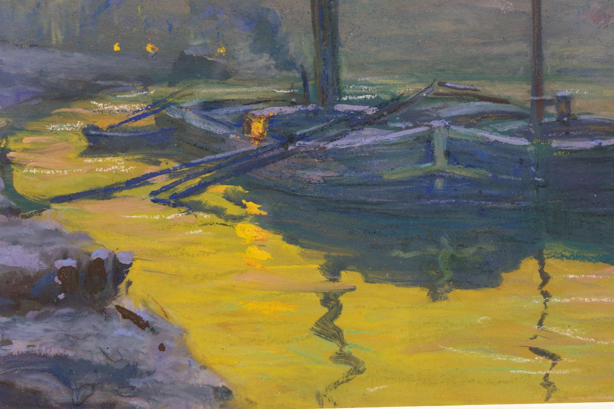 Claude Honoré Hugrel – The Barges (winter Evening) – Tempera And Pastel – Signed And Dated 1918-photo-5