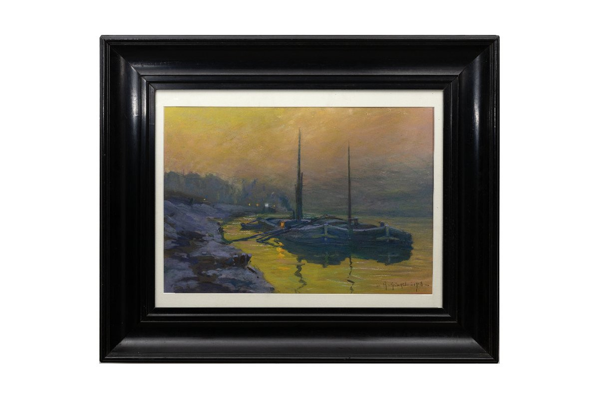 Claude Honoré Hugrel – The Barges (winter Evening) – Tempera And Pastel – Signed And Dated 1918-photo-6