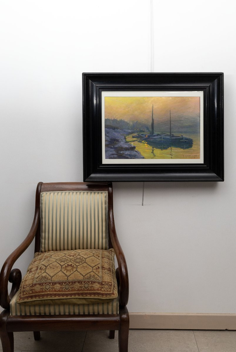 Claude Honoré Hugrel – The Barges (winter Evening) – Tempera And Pastel – Signed And Dated 1918-photo-7