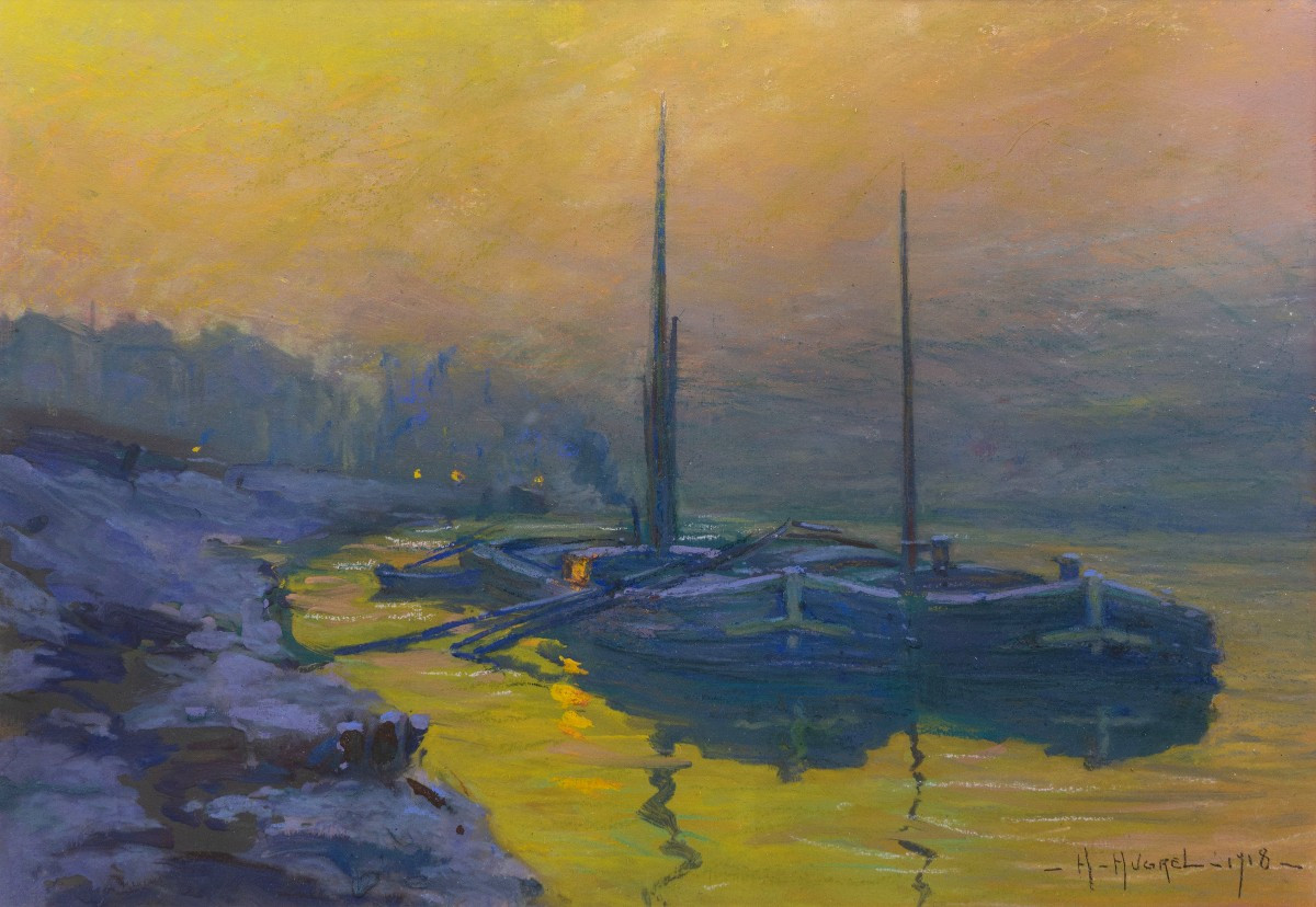 Claude Honoré Hugrel – The Barges (winter Evening) – Tempera And Pastel – Signed And Dated 1918