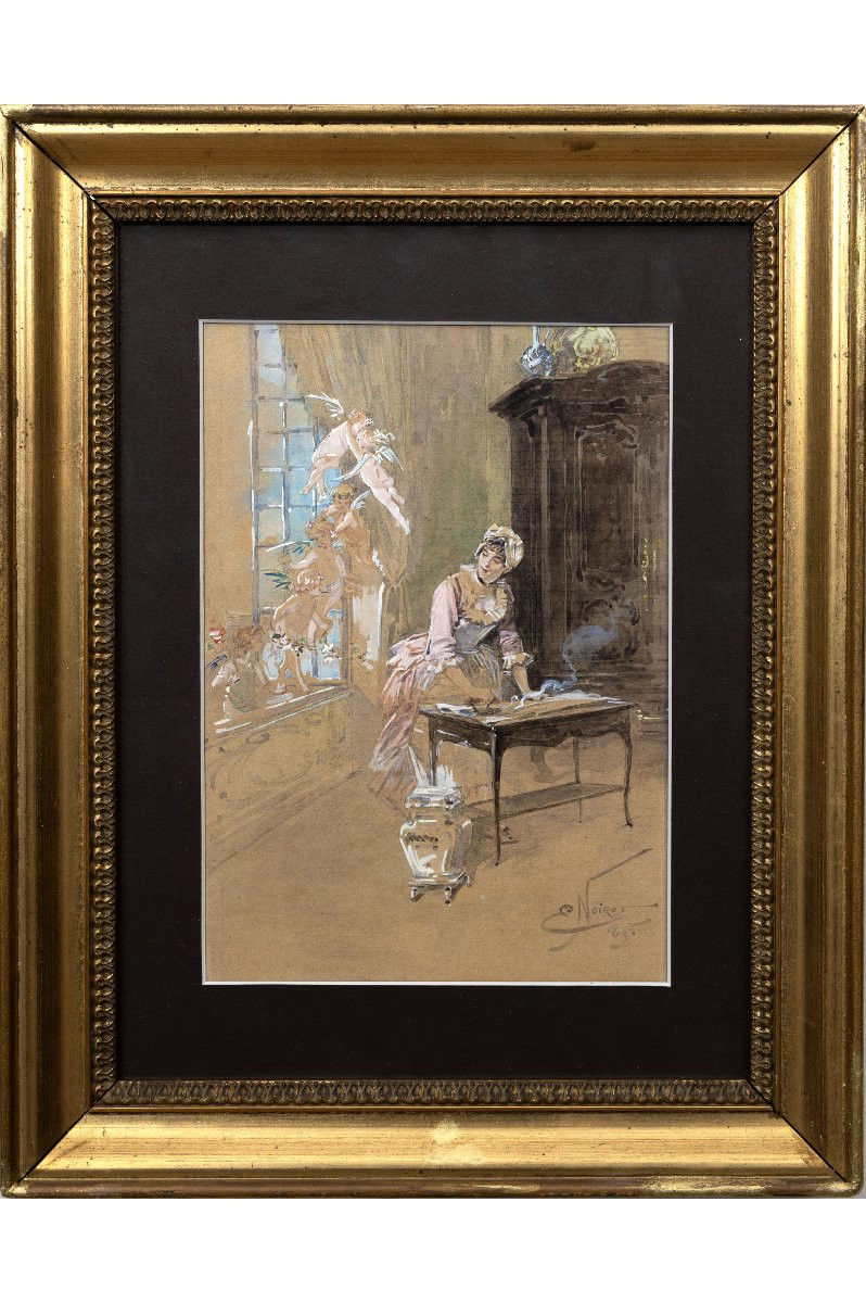 Emile NOIROT – La lingère distraite – Aquarelle et gouache – Signée et datée-photo-2
