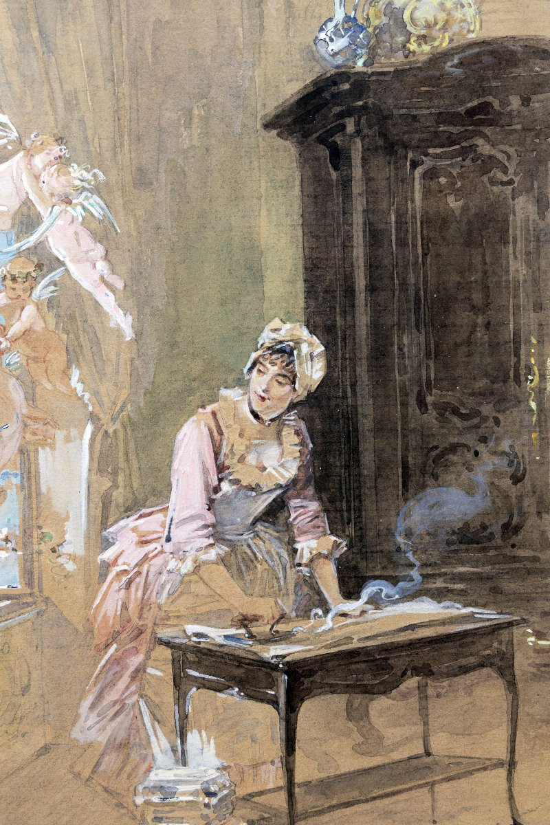 Emile NOIROT – La lingère distraite – Aquarelle et gouache – Signée et datée-photo-1