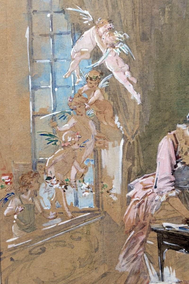 Emile NOIROT – La lingère distraite – Aquarelle et gouache – Signée et datée-photo-2