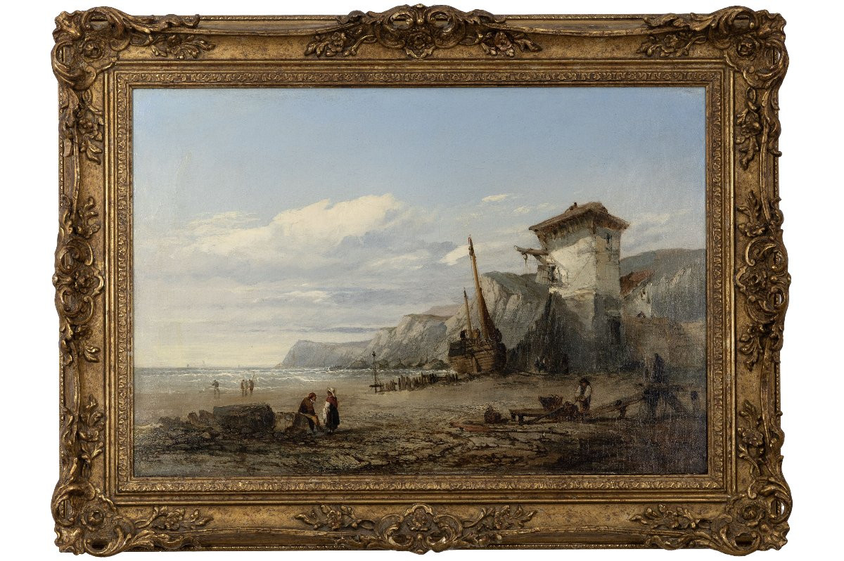 Clarkson Frederic STANFIELD – Côte animée avec barque échouée – Huile sur toile – Signée-photo-2