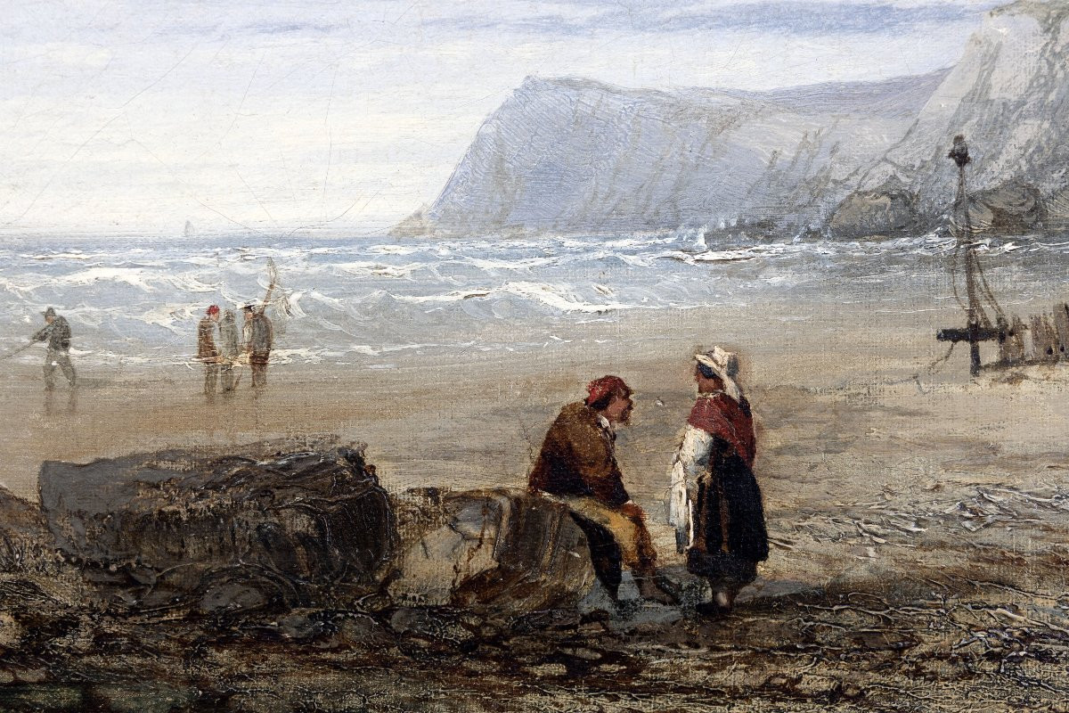 Clarkson Frederic STANFIELD – Côte animée avec barque échouée – Huile sur toile – Signée-photo-1