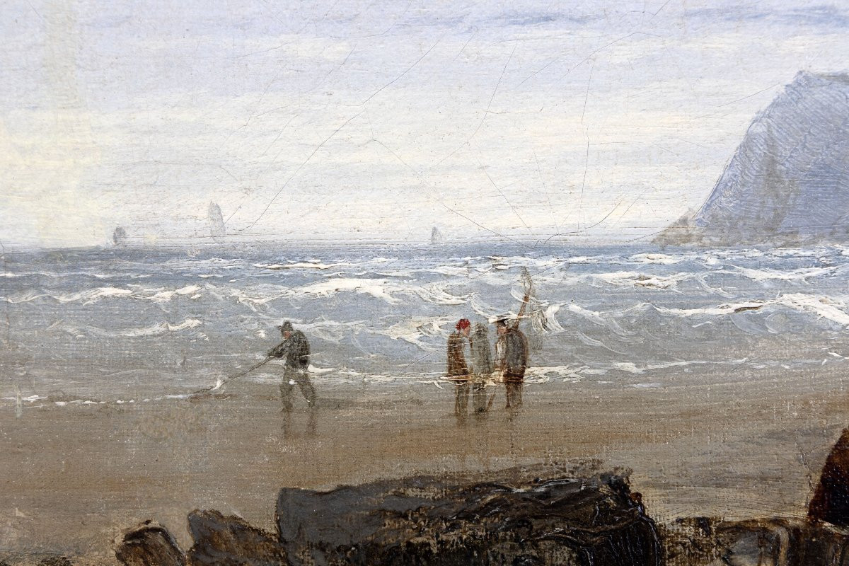 Clarkson Frederic STANFIELD – Côte animée avec barque échouée – Huile sur toile – Signée-photo-2