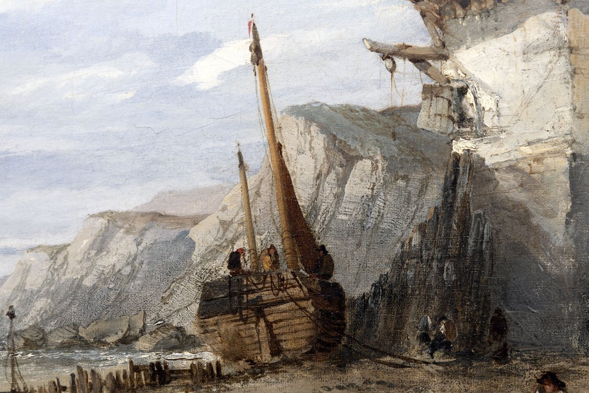 Clarkson Frederic STANFIELD – Côte animée avec barque échouée – Huile sur toile – Signée-photo-3