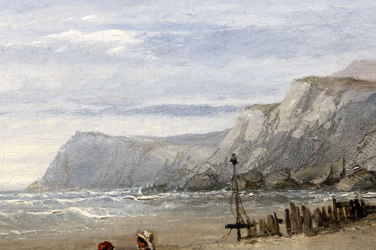 Clarkson Frederic STANFIELD – Côte animée avec barque échouée – Huile sur toile – Signée-photo-5