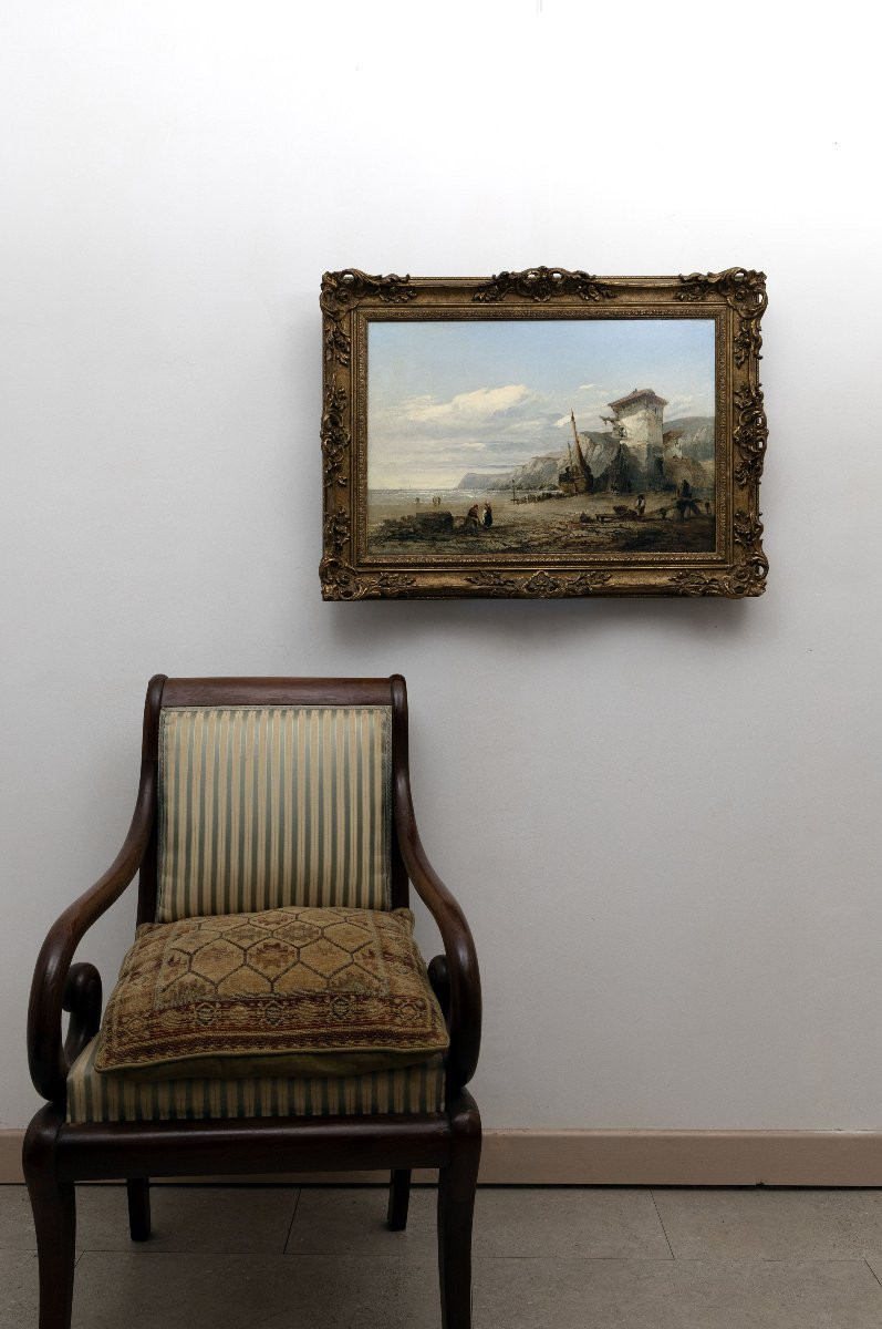 Clarkson Frederic STANFIELD – Côte animée avec barque échouée – Huile sur toile – Signée-photo-7