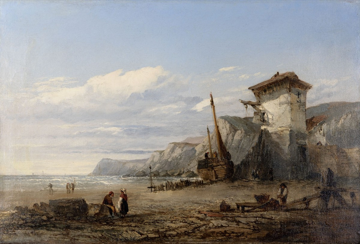 Clarkson Frederic STANFIELD – Côte animée avec barque échouée – Huile sur toile – Signée