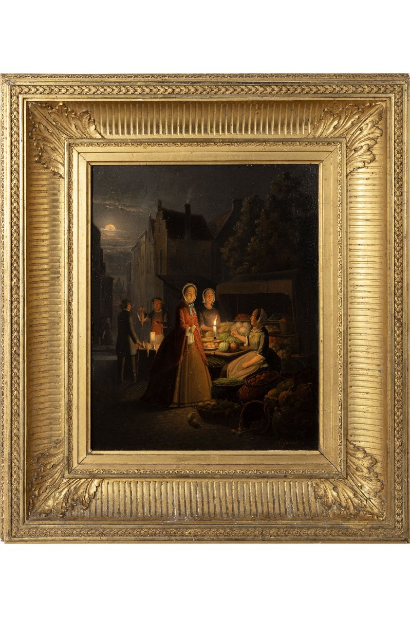 Pieter Gerardus Sgamaar – Night Market By Candlelight – Oil On Panel – Signed-photo-2