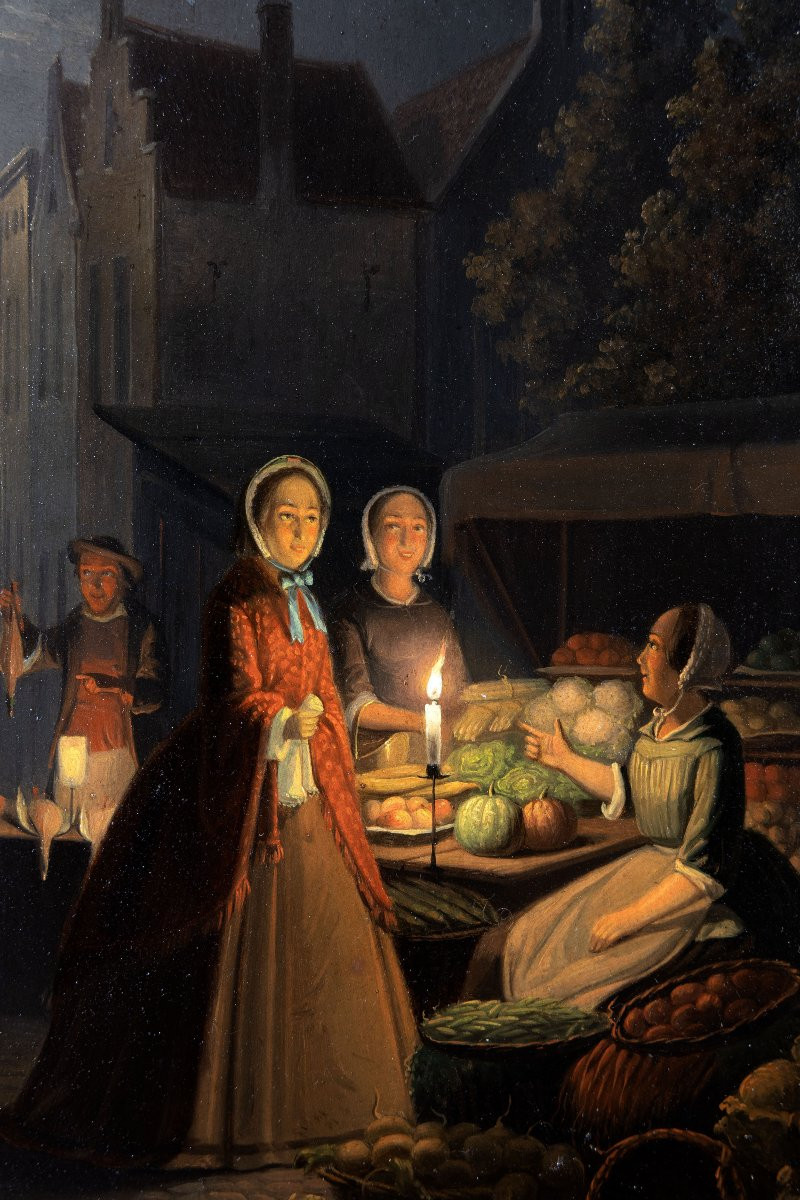Pieter Gerardus Sgamaar – Night Market By Candlelight – Oil On Panel – Signed-photo-1