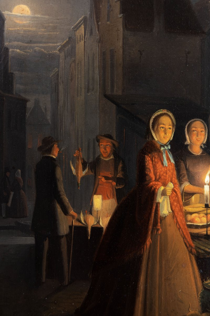 Pieter Gerardus Sgamaar – Night Market By Candlelight – Oil On Panel – Signed-photo-2