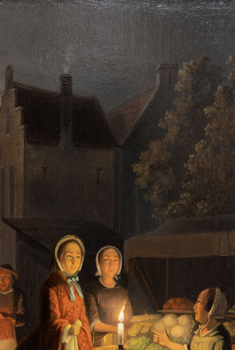 Pieter Gerardus Sgamaar – Night Market By Candlelight – Oil On Panel – Signed-photo-4