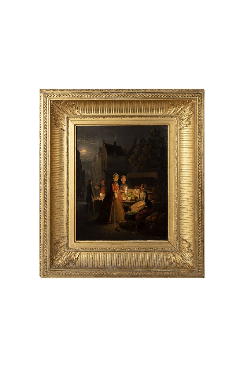 Pieter Gerardus Sgamaar – Night Market By Candlelight – Oil On Panel – Signed-photo-5