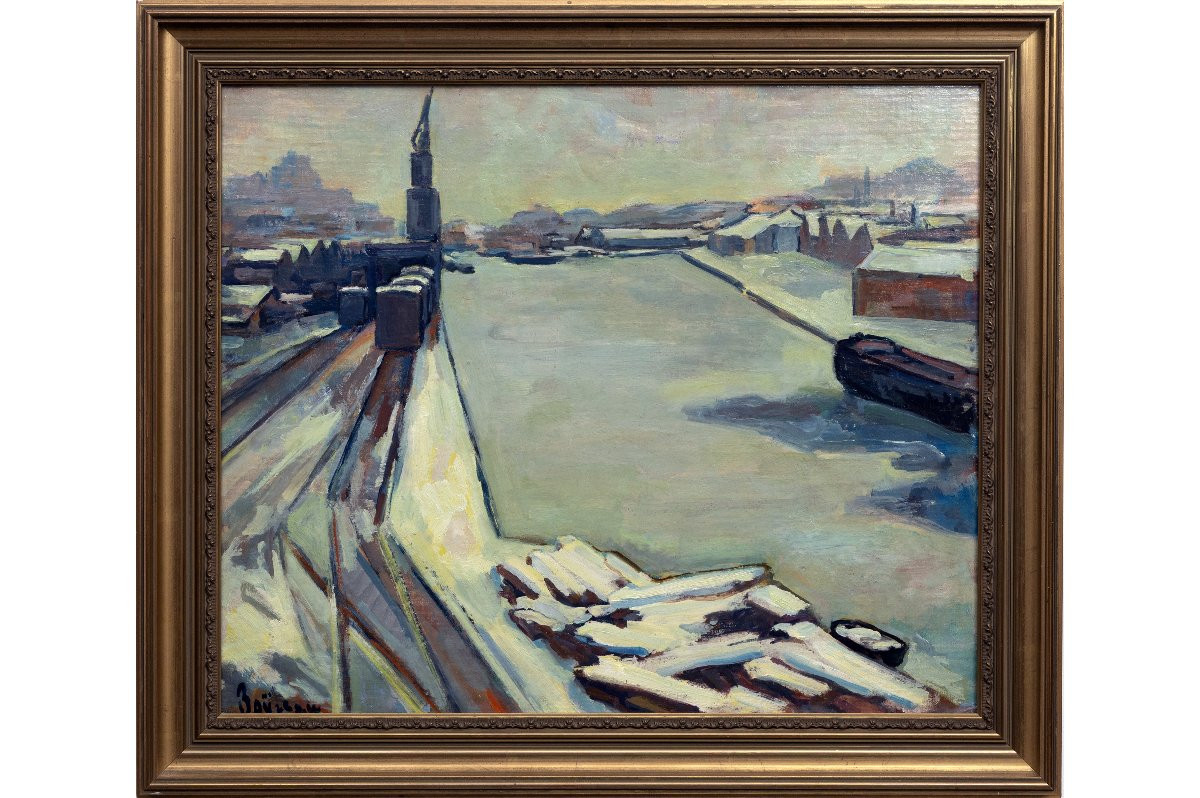 Peter Rostrup BOYESEN – Vue de port sous la neige – Huile sur toile – Signée -photo-2
