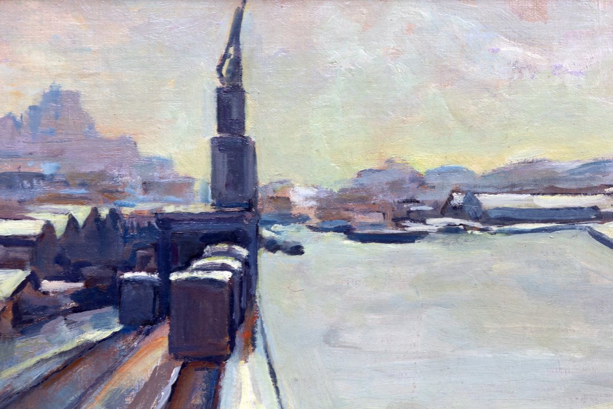 Peter Rostrup BOYESEN – Vue de port sous la neige – Huile sur toile – Signée -photo-1