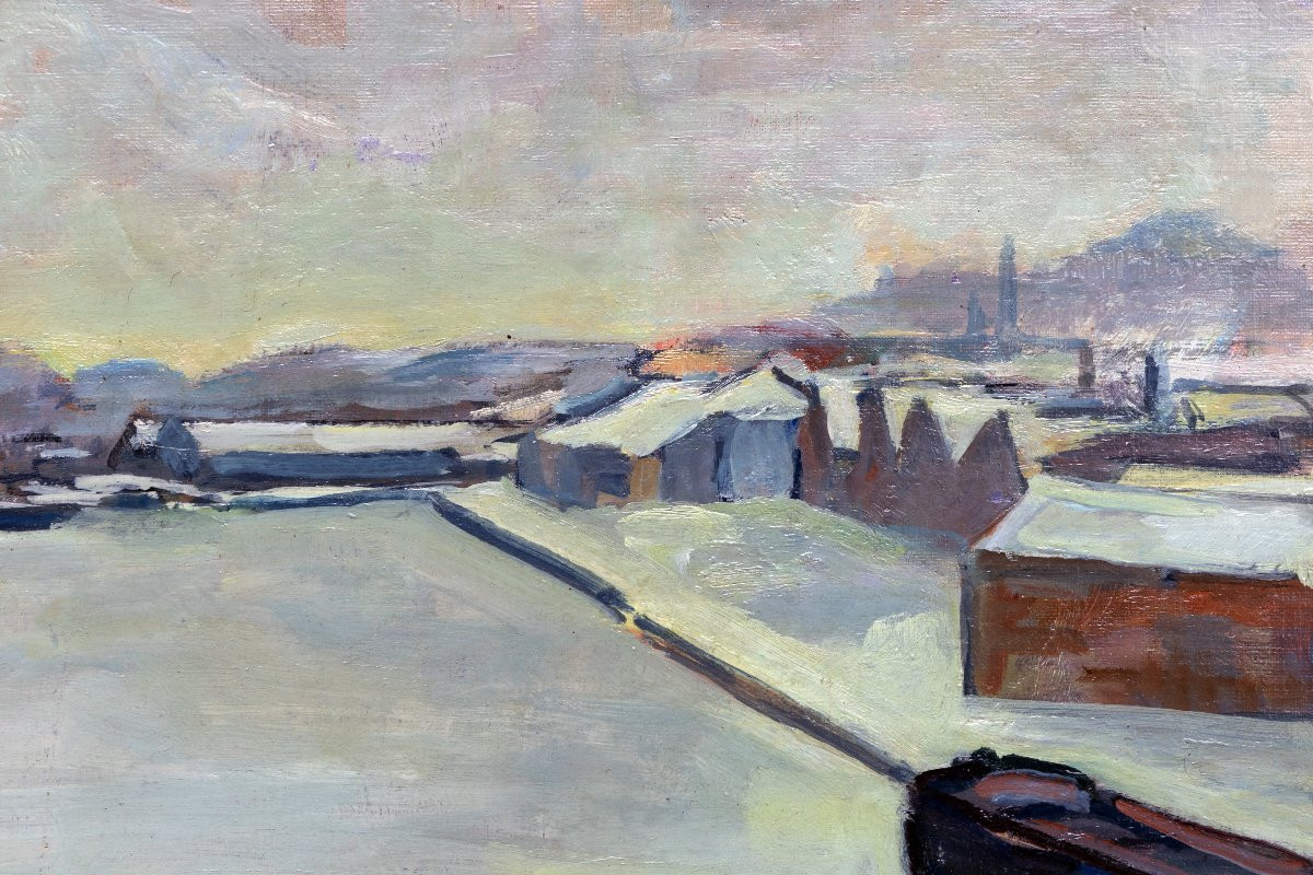 Peter Rostrup BOYESEN – Vue de port sous la neige – Huile sur toile – Signée -photo-2