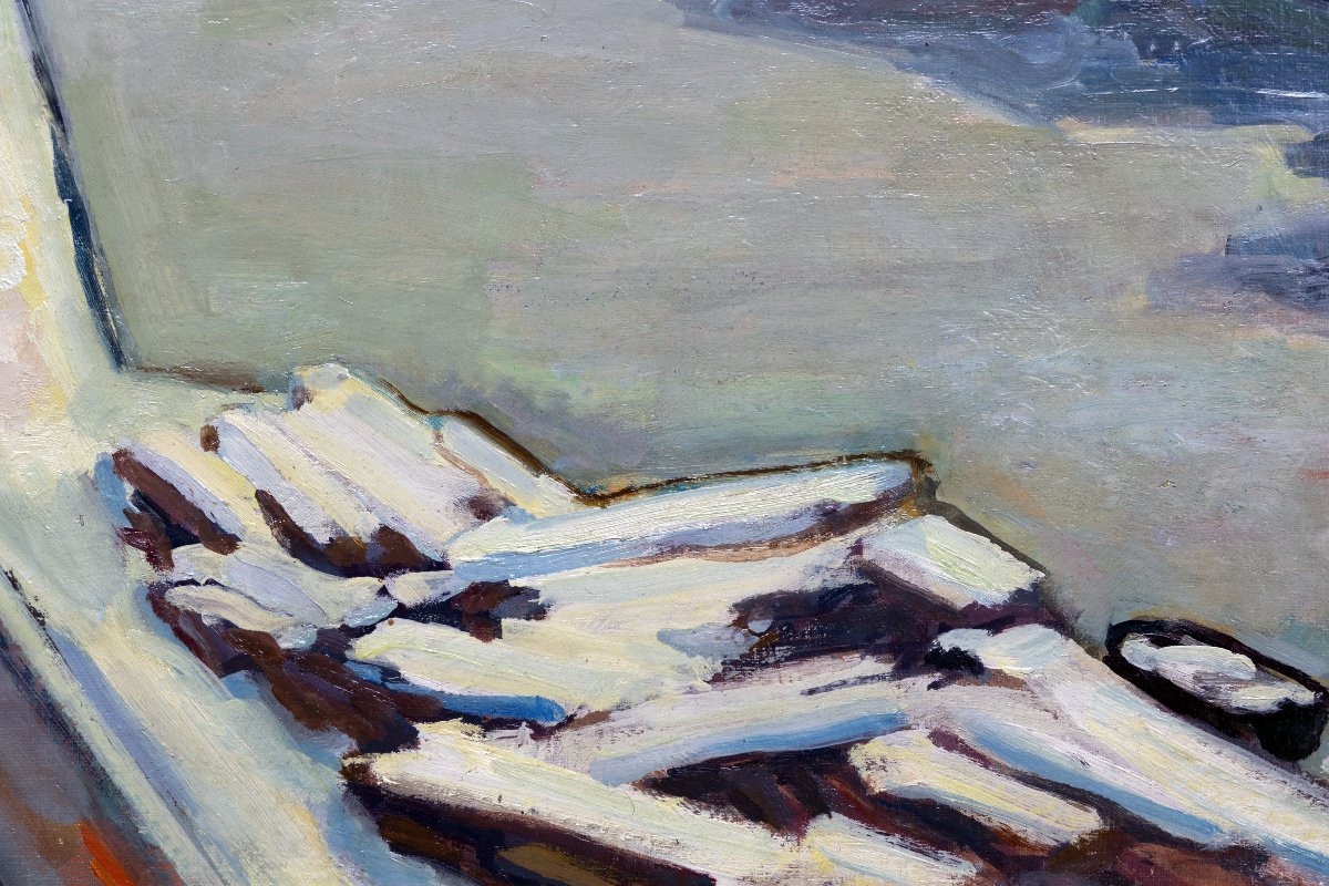 Peter Rostrup BOYESEN – Vue de port sous la neige – Huile sur toile – Signée -photo-4