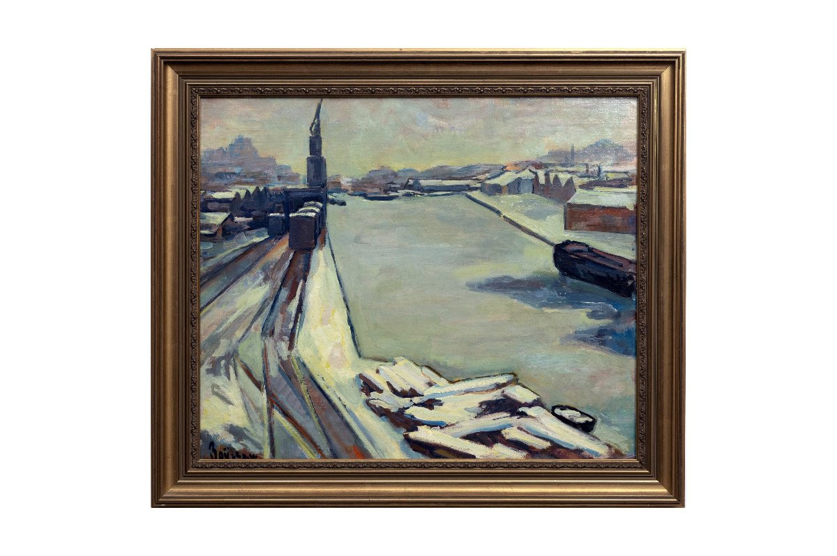 Peter Rostrup BOYESEN – Vue de port sous la neige – Huile sur toile – Signée -photo-5