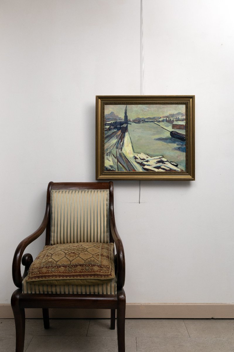 Peter Rostrup BOYESEN – Vue de port sous la neige – Huile sur toile – Signée -photo-6