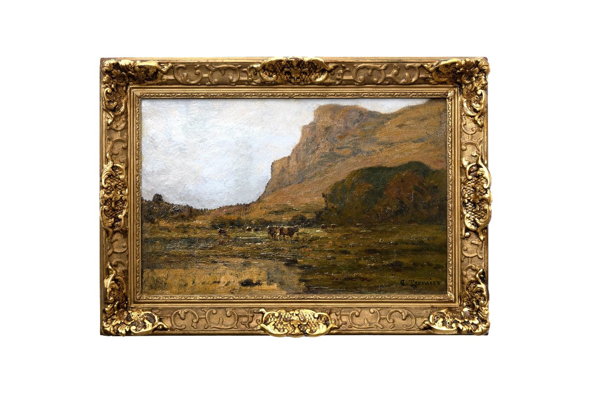 Clovis TERRAIRE – Vaches au pied de la montagne– Huile sur toile – Signée -photo-4