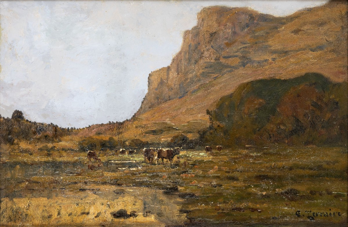 Clovis TERRAIRE – Vaches au pied de la montagne– Huile sur toile – Signée 