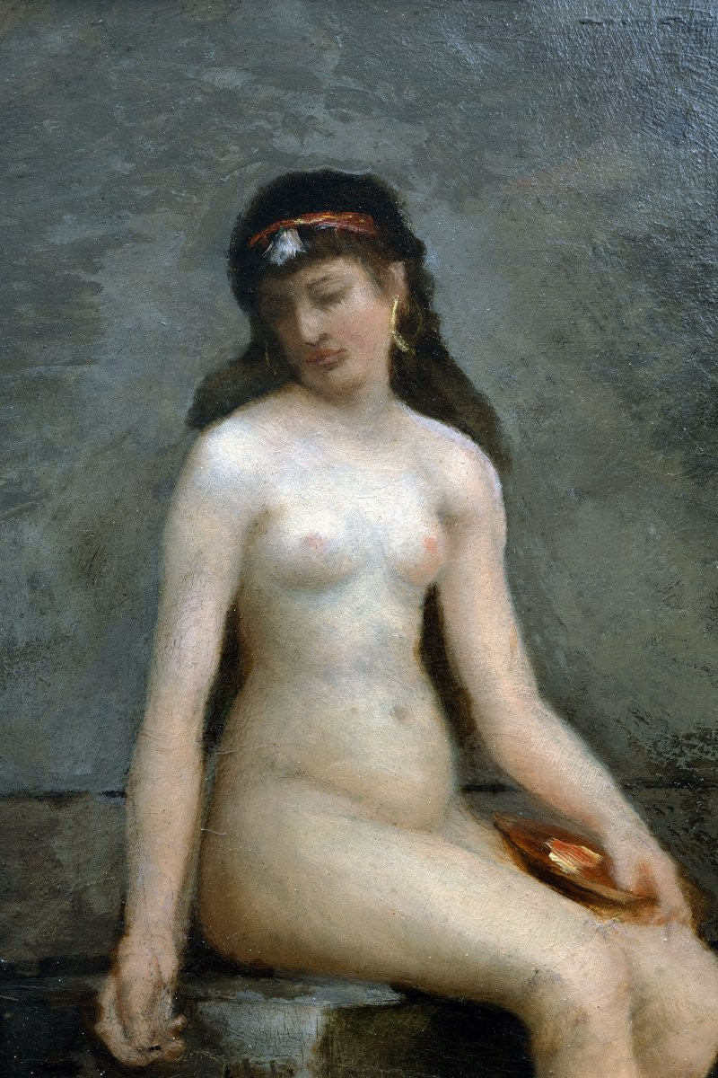 Henri de GAUDEMARIS – Jeune femme aux bains avec ibis – Huile sur panneau – fin XIXe-photo-1