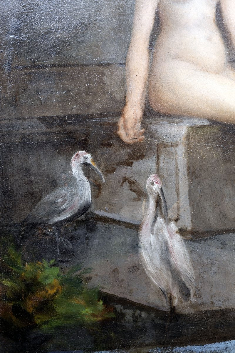 Henri de GAUDEMARIS – Jeune femme aux bains avec ibis – Huile sur panneau – fin XIXe-photo-2
