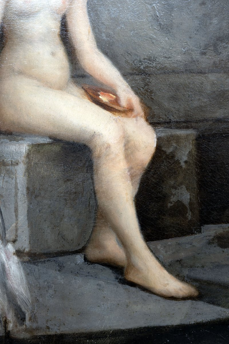 Henri de GAUDEMARIS – Jeune femme aux bains avec ibis – Huile sur panneau – fin XIXe-photo-3