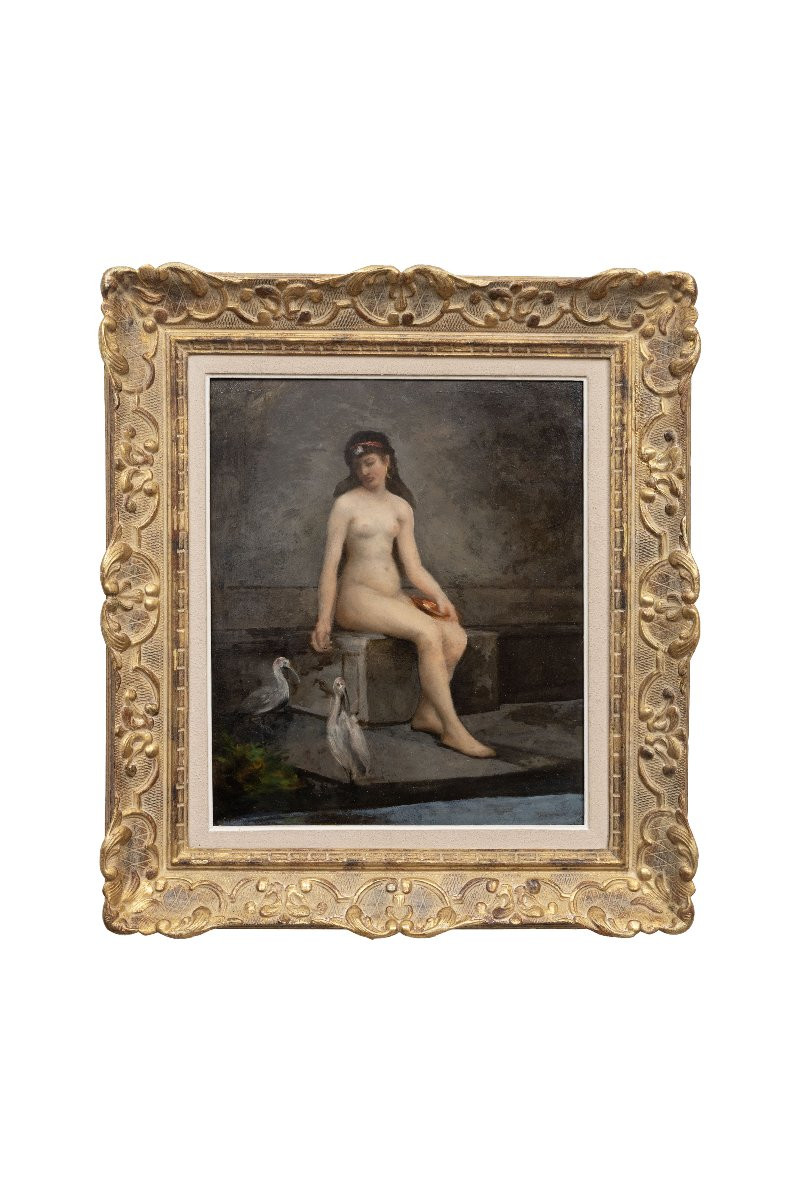 Henri de GAUDEMARIS – Jeune femme aux bains avec ibis – Huile sur panneau – fin XIXe-photo-5