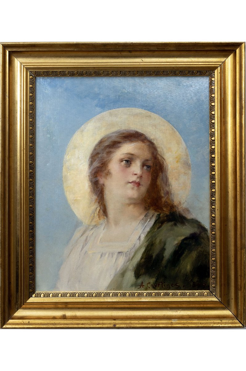 Alexandre Courtines – Portrait Of A Saint With A Halo – Oil On Canvas – Dated And Signed-photo-2