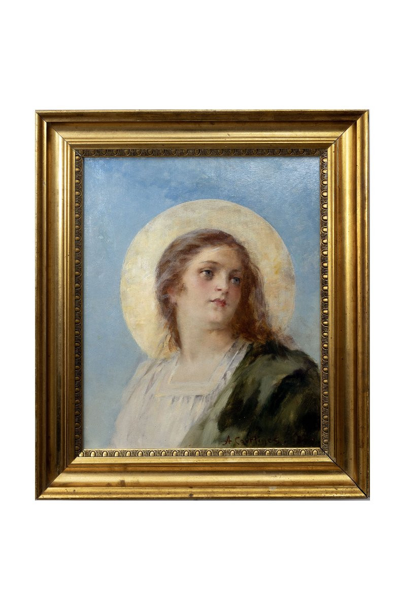 Alexandre Courtines – Portrait Of A Saint With A Halo – Oil On Canvas – Dated And Signed-photo-5