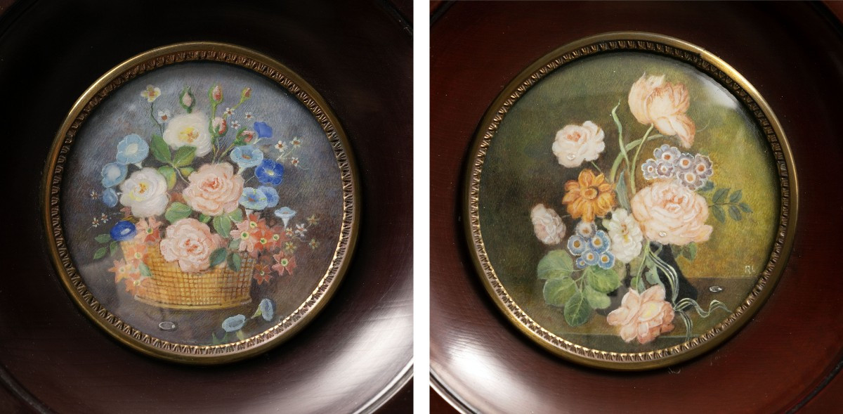 Paire de miniatures – Compositions florales – Monogrammées
