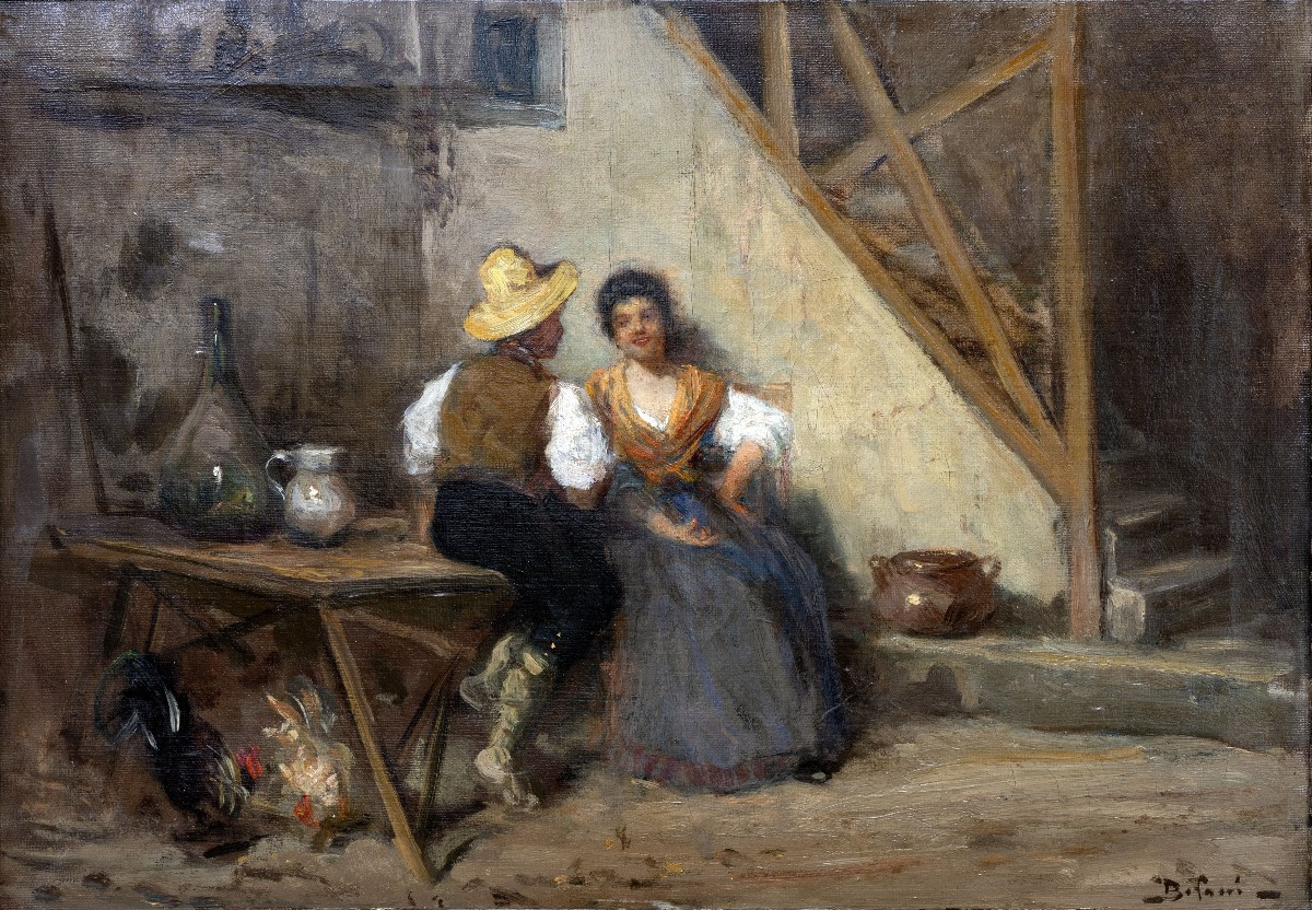 Gennaro BEFANIO -  Scène d’intérieur avec couple – Huile sur toile- Signée 