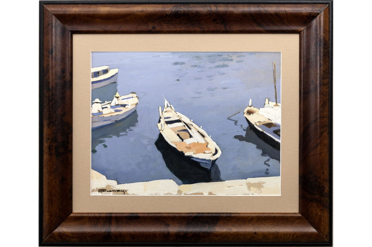 François Frenay - Boats In The Port – Gouache - Signed -photo-2