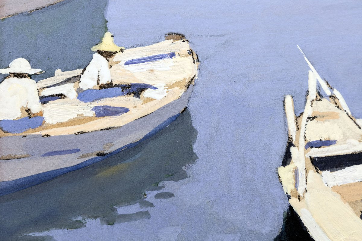 François Frenay - Boats In The Port – Gouache - Signed -photo-2