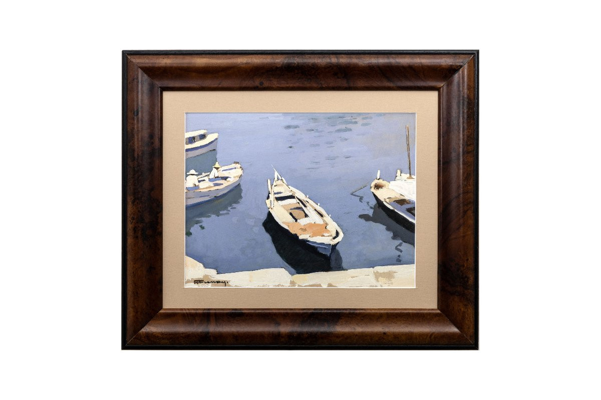 François Frenay - Boats In The Port – Gouache - Signed -photo-5