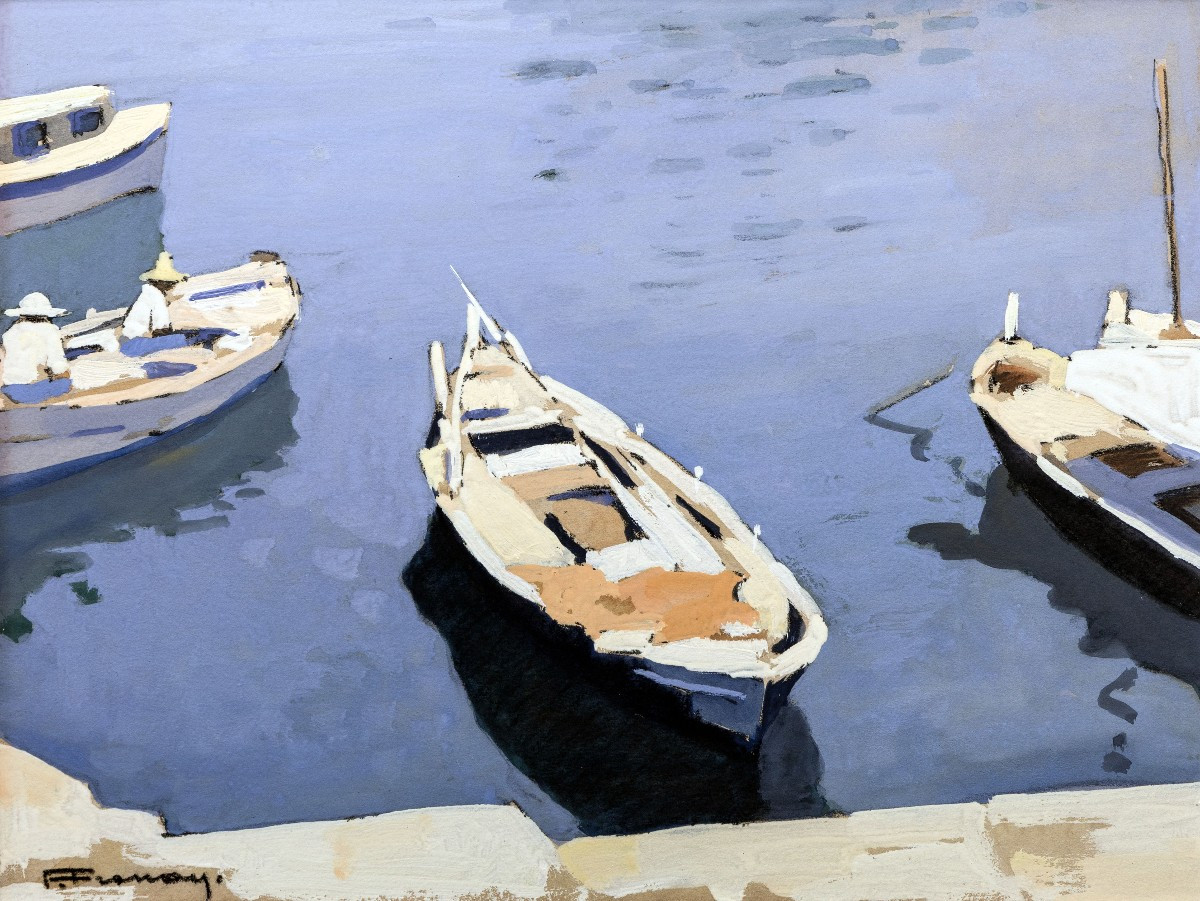 François Frenay - Boats In The Port – Gouache - Signed 