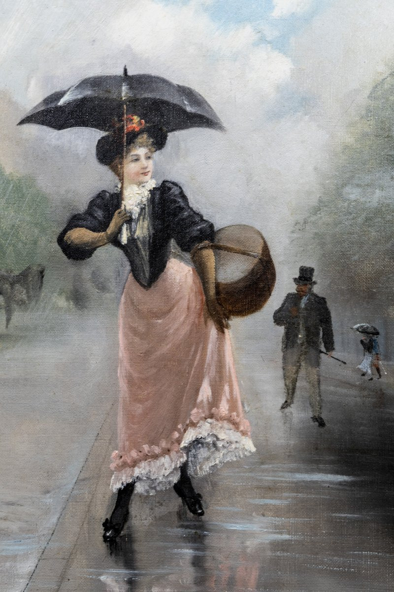 Théodore LÉVIGNE – Élégante sous la pluie -  Huile sur toile – Signée -photo-1