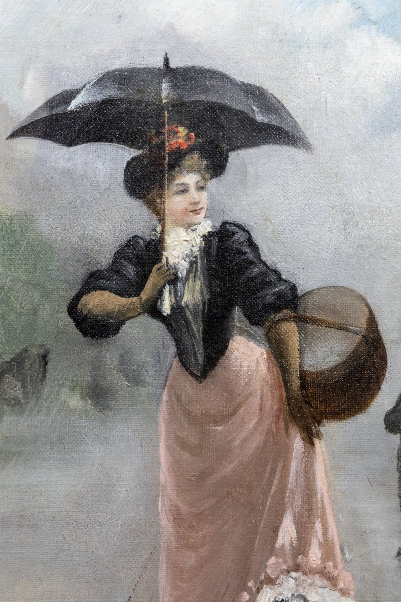 Théodore LÉVIGNE – Élégante sous la pluie -  Huile sur toile – Signée -photo-2