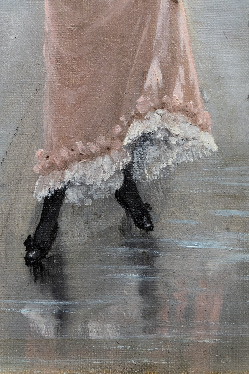 Théodore LÉVIGNE – Élégante sous la pluie -  Huile sur toile – Signée -photo-3