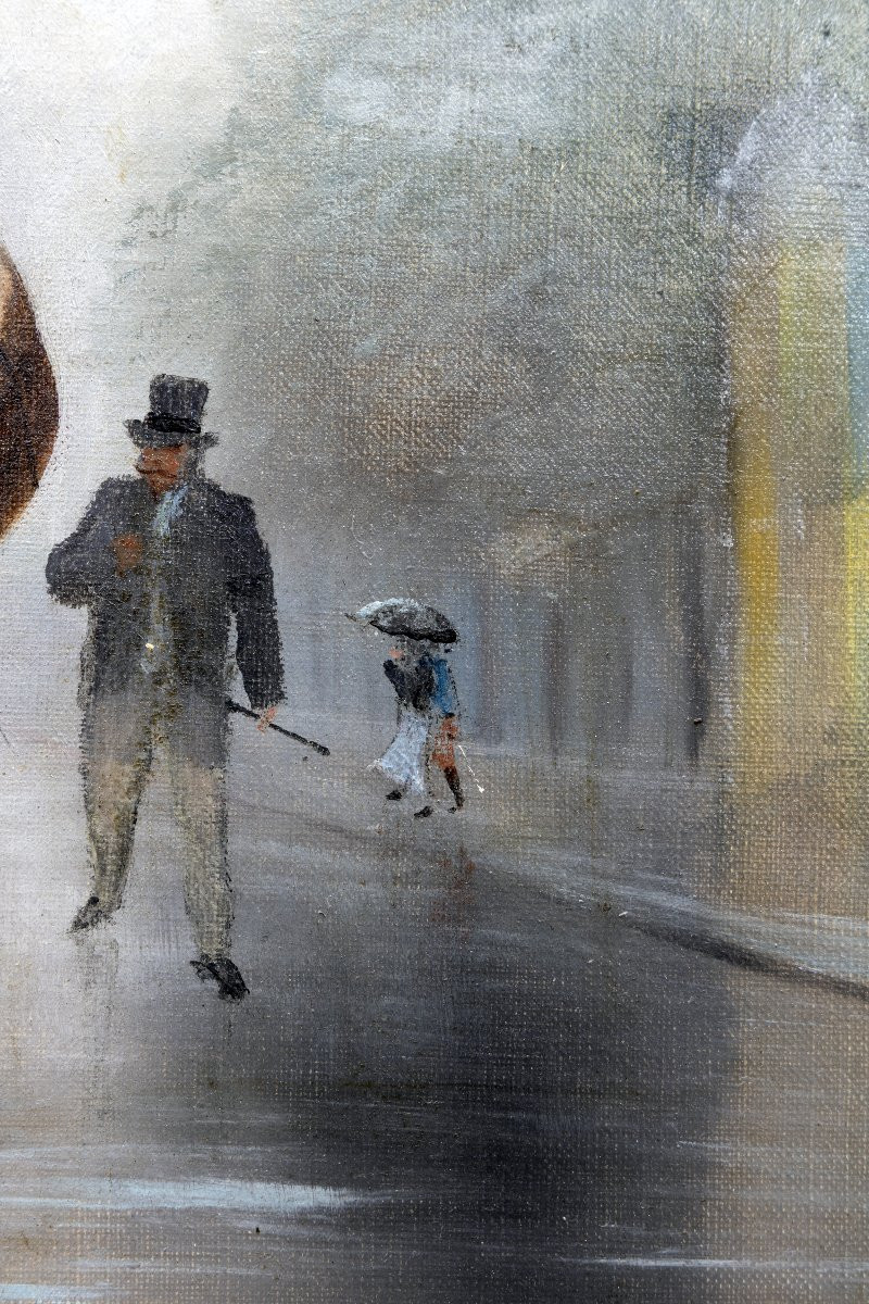 Théodore LÉVIGNE – Élégante sous la pluie -  Huile sur toile – Signée -photo-4