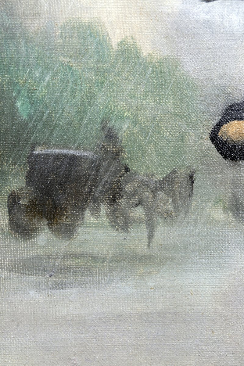 Théodore LÉVIGNE – Élégante sous la pluie -  Huile sur toile – Signée -photo-5