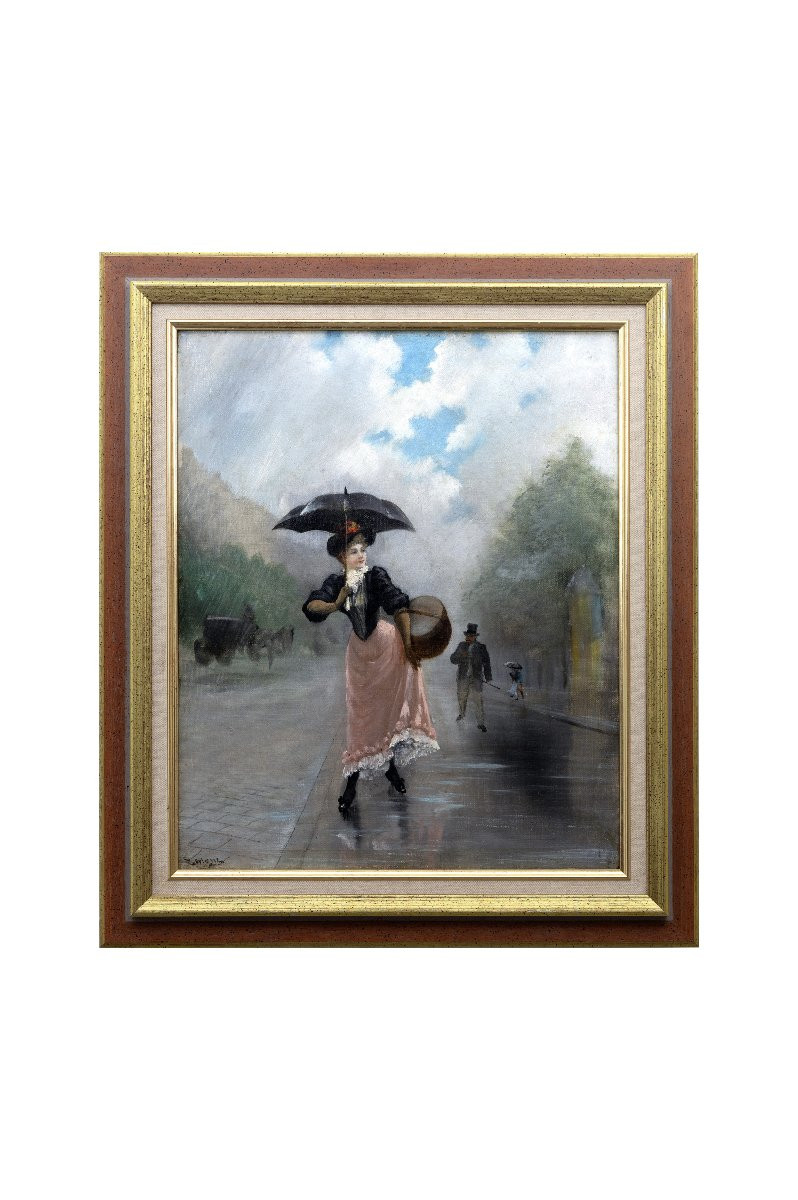 Théodore LÉVIGNE – Élégante sous la pluie -  Huile sur toile – Signée -photo-6