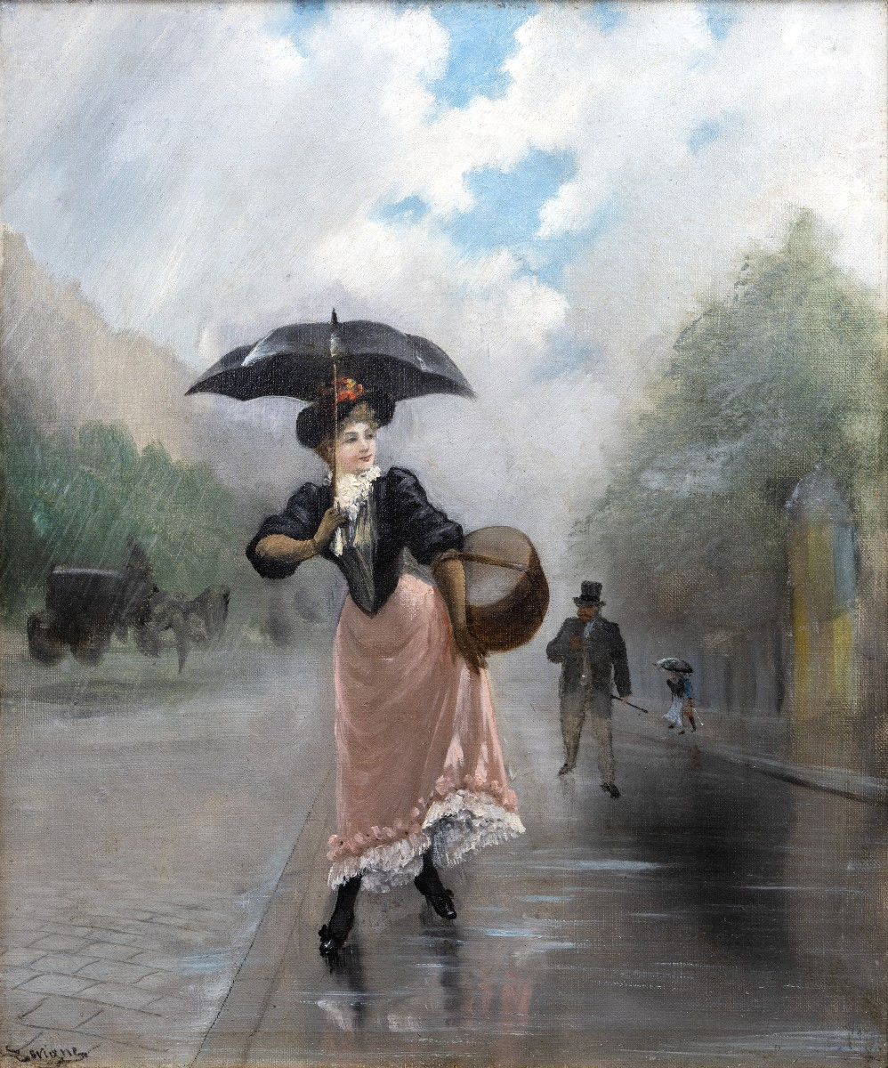 Théodore LÉVIGNE – Élégante sous la pluie -  Huile sur toile – Signée 