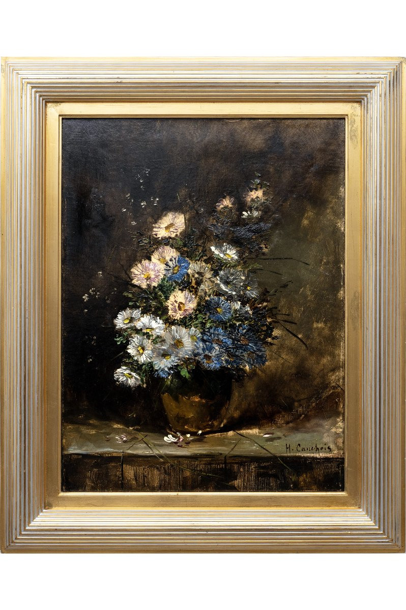 Eugène Henri CAUCHOIS – Bouquet d’asters sur table de jardin -  Huile sur toile – Signée -photo-2