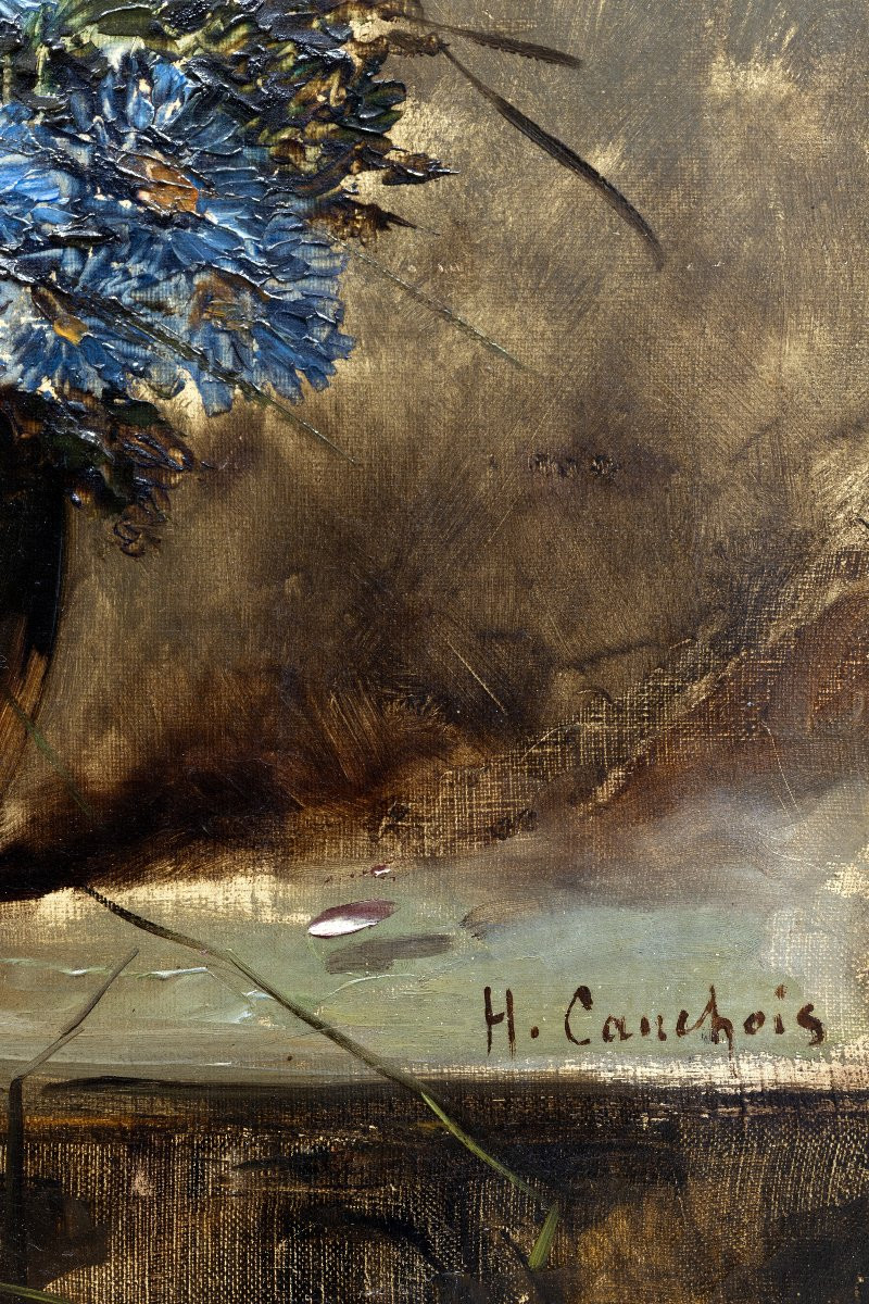 Eugène Henri CAUCHOIS – Bouquet d’asters sur table de jardin -  Huile sur toile – Signée -photo-3