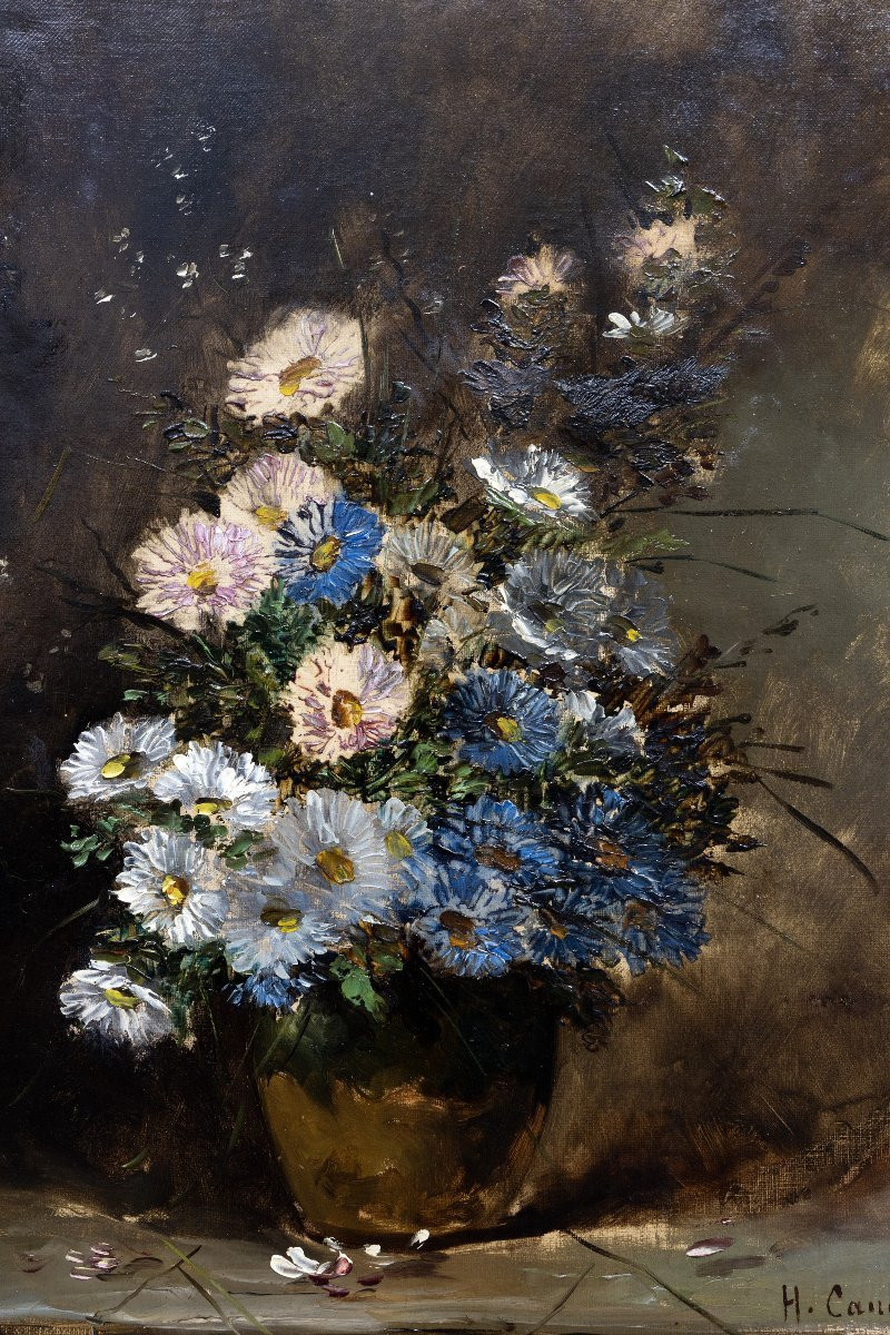 Eugène Henri CAUCHOIS – Bouquet d’asters sur table de jardin -  Huile sur toile – Signée -photo-1
